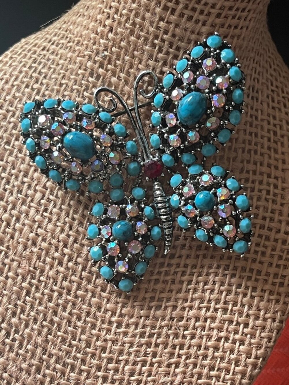 VTG Weiss Bejeweled Butterfly Brooch Turquoise Cabochons & Rhinestones 3.5" Spar